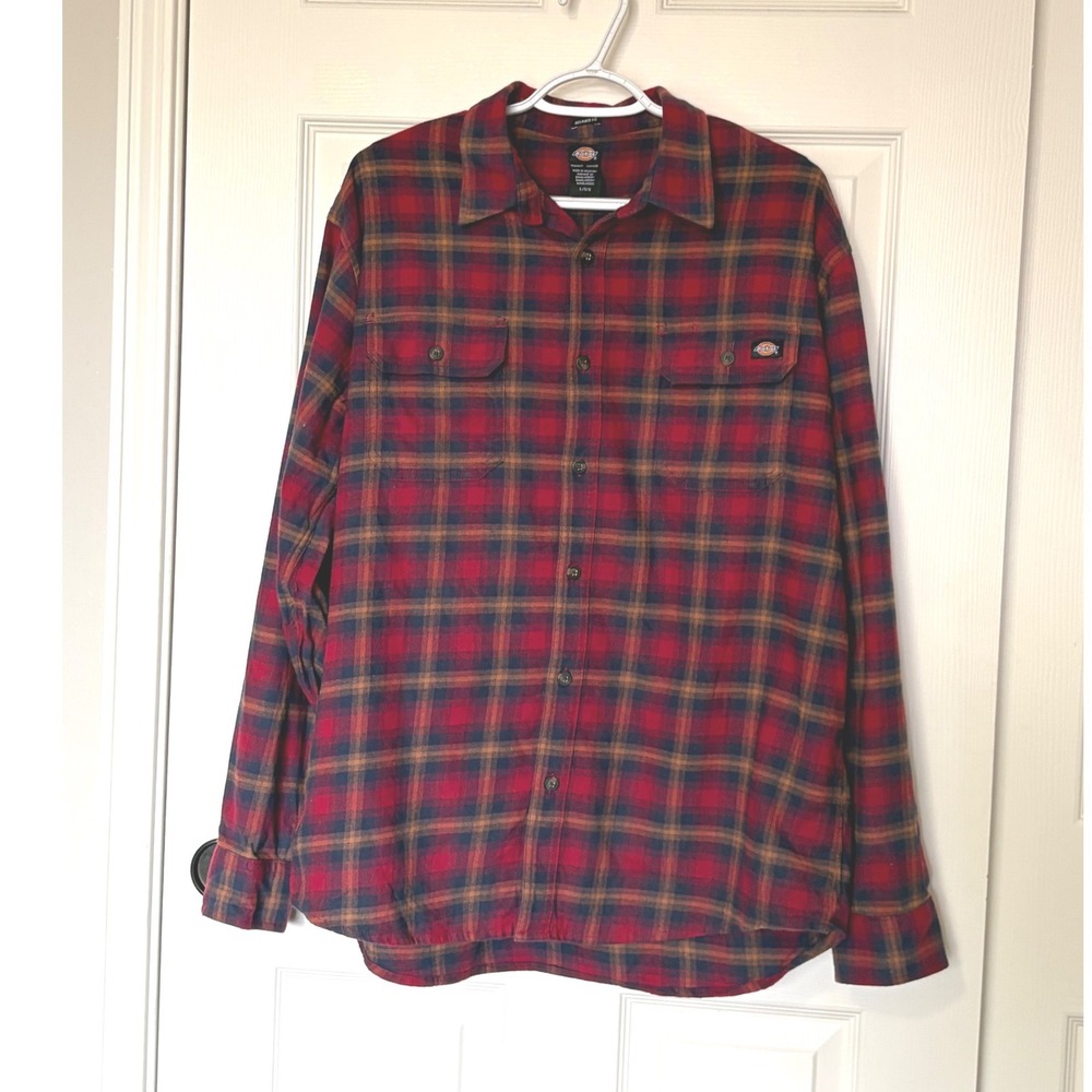 Dickies Mens Relaxed Fit Plaid Flannel Button Down Shirt Red Blue Large